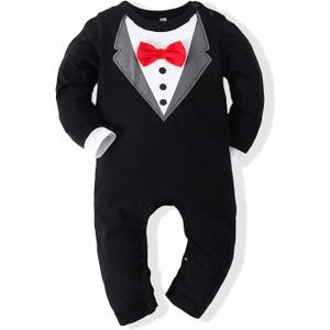 Kimocat Baby Boy Romper Tuxedo Jumpsuit Gentleman One-Piece Button-Down Bowtie Wedding Suit Bodysuit (0-6 Months, Black&red Bowtie)