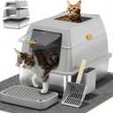 Stainless Steel Litter Box with Lid,Front Entry Top Exit Kitty LitterBox,Extra Large Enclosed Metal Cat Box with Litter Scoop & Litter Mat-Light Gray