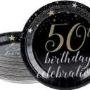Juvale 50th Birthday Plates - 9 In, Black, 80 Count - Sturdy Disposable Paper Dinner Plates for 50th Birthday Party & Star-Print Design