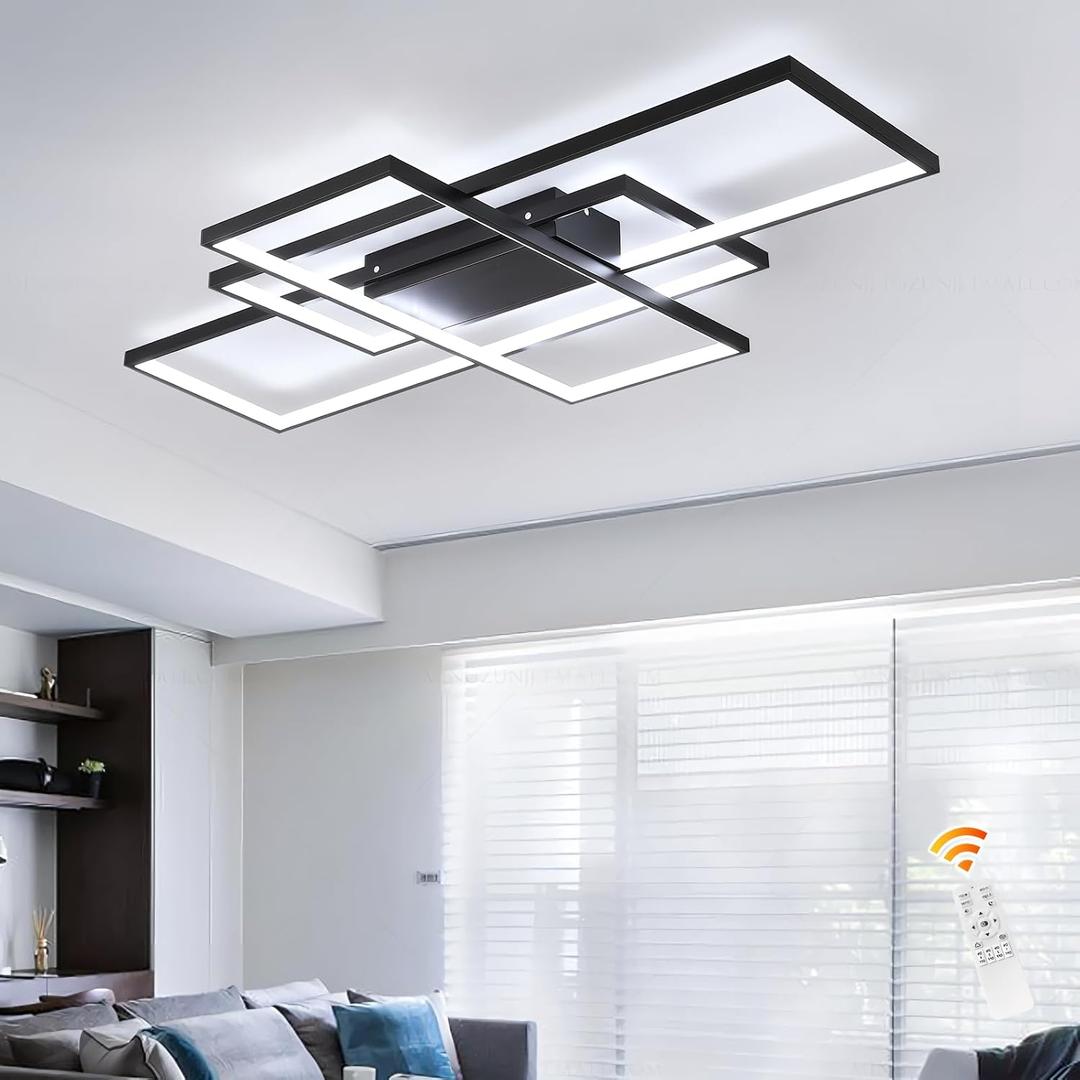 GEADI 35.4" Modern LED Ceiling Light, Dimmable Flush Mount Ceiling Lights with Remote Control, Black 3 Rectangular Light Fixtures for Kitchen Bedroom Dining Room(3000-6500K)