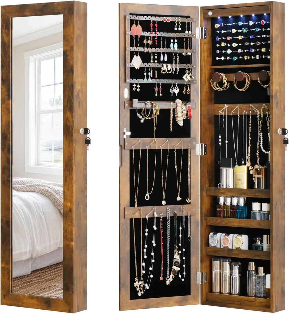 Full Length Mirror Jewelry Cabinet Organizer Lockable Door Wall-Mounted Jewelry Armoire with Shelves and Behind the Door Storage Rustic Brown