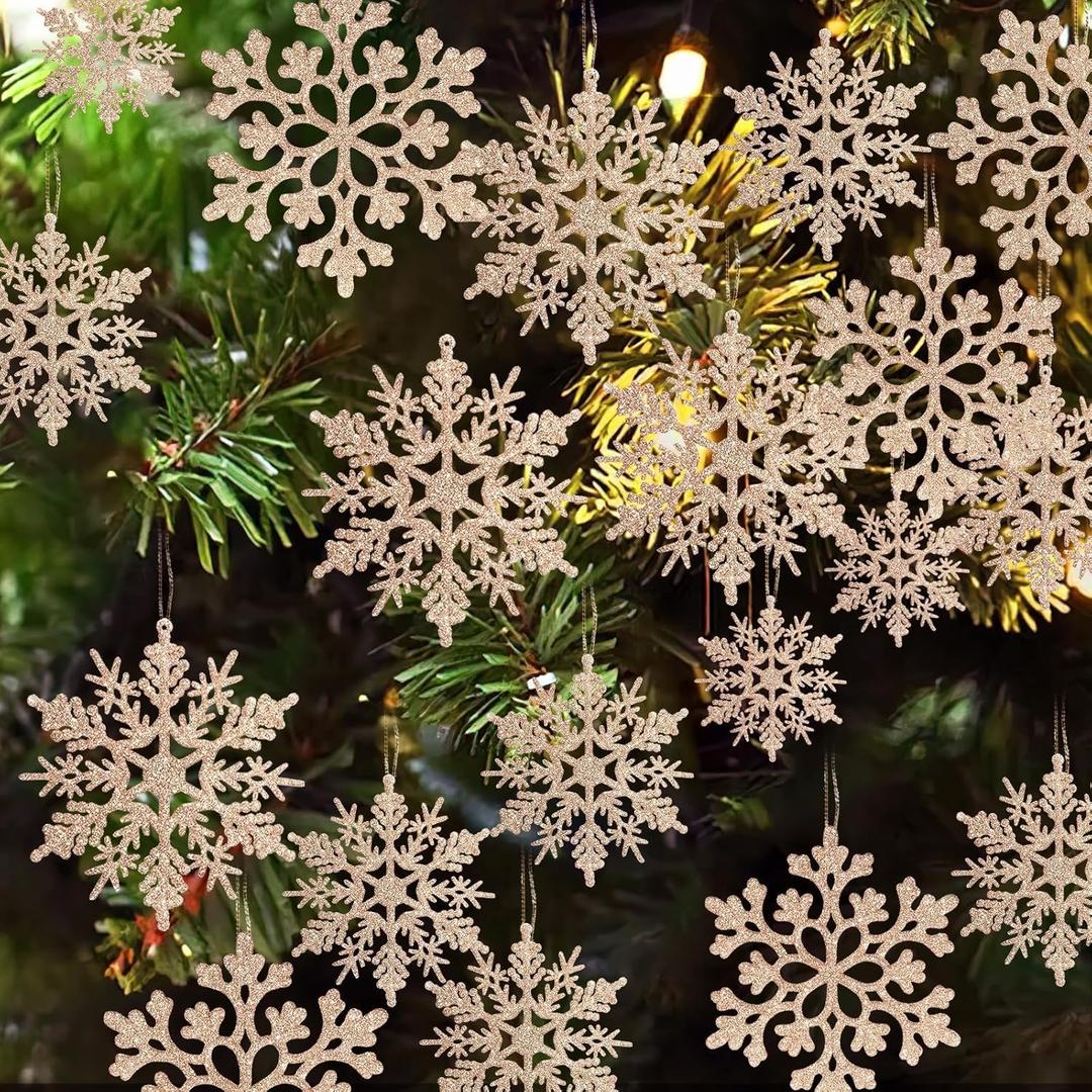 36 Pack Champagne Snowflake Ornaments Plastic Glitter Snow Flakes Ornaments for Winter Christmas Tree Decorations Size Varies Craft Snowflakes