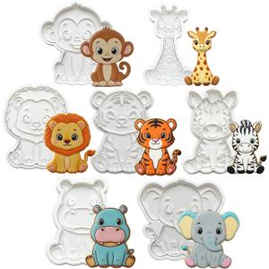 Animal Cookie Cutters 7PC Set with Stampers Handle Jungle Baking Mold for Kids Cake Supplies 3.5" Forest Decorating Biscuit Fondant Tool
