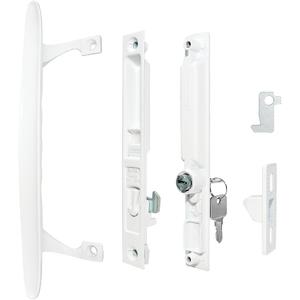 Flush Mount Sliding Glass Door Handle Set, 6-5/8" H.C., Patio Door Night Lock & Hook Latch Replacement, Fits 1" to 1-1/8" Thick Doors, Non-Handed, White keyd (Keyed)