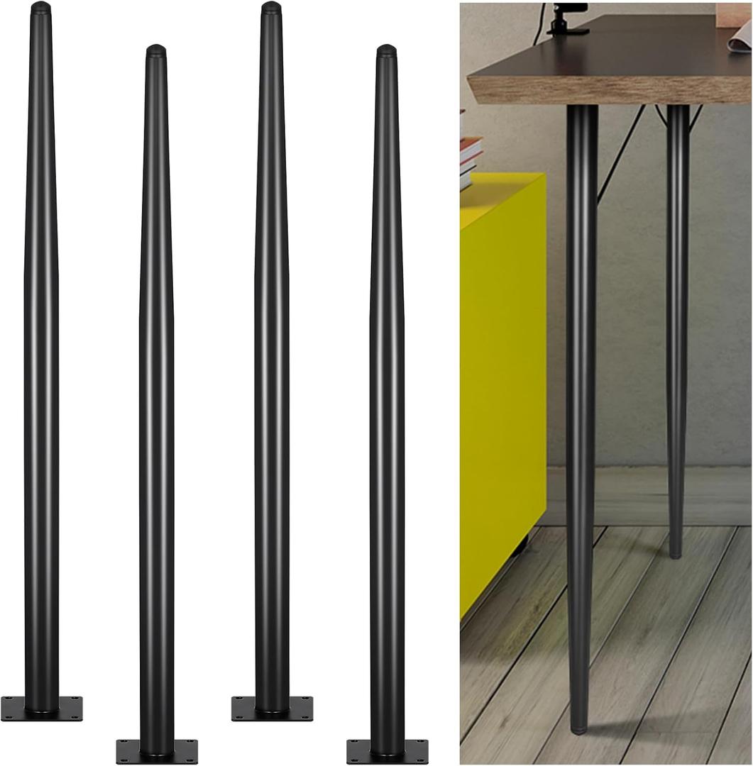 4 Pack Metal Table Legs Round Tapered Furniture Legs Heavy Duty Replacement Chair Feet with Mounting Screws and Plastic Mats for Sofa Coffee Table Desk Bar DIY Projects, Black (30 Inch)