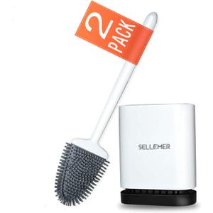 Sellemer Toilet Brush and Holder Set for Bathroom, Flexible Toilet Bowl Brush Head with Silicone Bristles, Compact Size for Storage and Organization, Ventilation Slots Base (2 Pack, White)