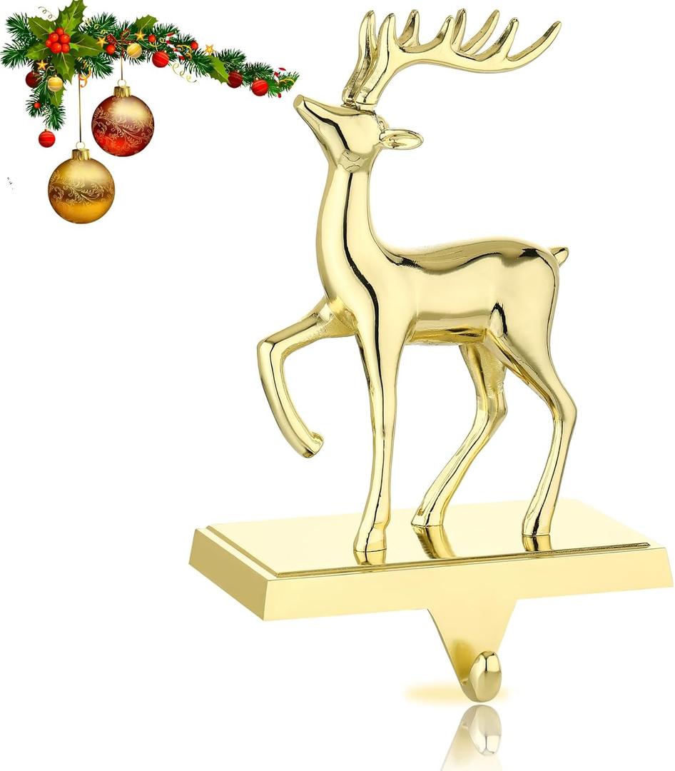 Deer Christmas Stocking Hanger for MantelReindeer Christmas Stocking Holder for Fireplace Mantel Hooks Hanger for Christmas Deer Stockings Clip for Christmas Decoration (Gold Deer)
