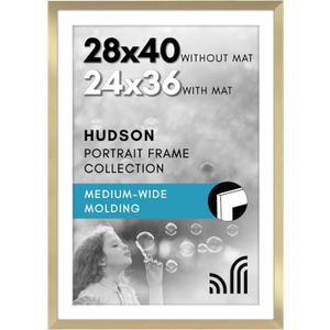 Americanflat 28x40 Poster Frame with Polished Plexiglass - Use as 24x36 Frame with Mat or Display 28x40 Photo Without Mat - Hudson Collection - Wide Picture Frames for Wall Display - Gold