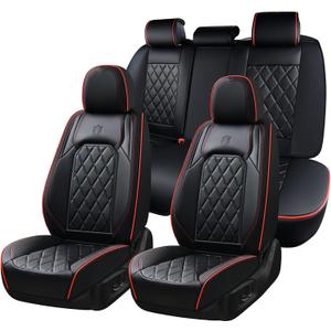 Coverado Car Seat Covers Full Set, Luxury Faux Leather Waterproof Seat Covers, Black Car Seat Covers, Universal Car Seat Protector Leather Car Seat Cushion, Carseat Cover Fit Most Cars, Black&Red