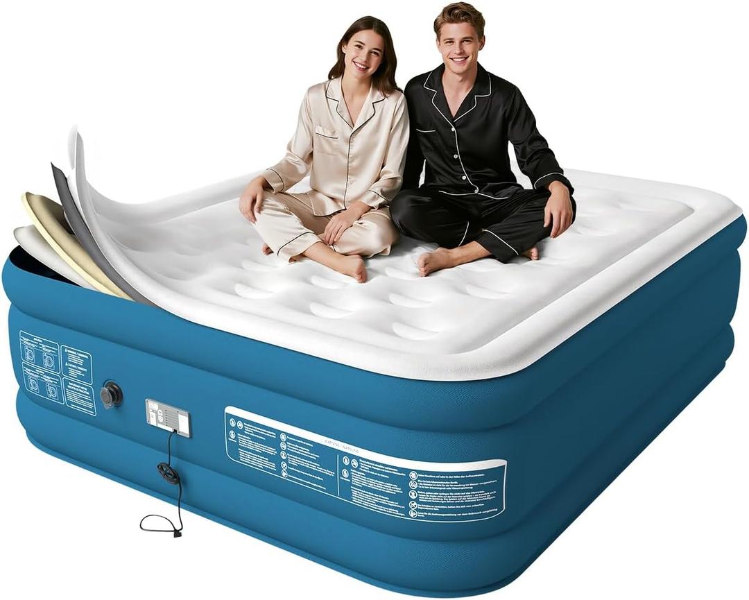 20" Queen Air Mattress with Built in Pump Upgraded Auto Stop Electric Pump Raised Luxurious Comfort 80"*60"*20" Queen Blow Up Mattress for Home and Guests 3 Mins in- Deflate 660 lbs Max (20" Blue & White)