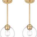 Emak Modern Gold Pendant Light Fixtures, 7 Inch Globe Pendant Lights with Clear Glass, 1 Light Hanging Lights for for Kitchen Island, Bathroom, Dining Room, Bedroom, Hallway, 2 Pack, PL119-GD-2PK