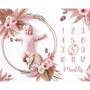 Gicoherero Floral Boho Baby Monthly Milestone Blanket Little Girl Bohemian Photo Prop Blanket Personalized Bliss Baby Present Pampas Grass Ideas for Newborn Princess Pinkk Nursery Dcor 40" x 50"