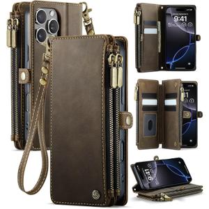 for iPhone 16 Pro (6.3") Case Wallet with RFID Blocking 2-Zipper Pockets & 8-Credit Card Holder Slots & Wrist Strap | Vintage Soft PU Leather Magnetic Snap Flip Protective Phone Cover, Brown