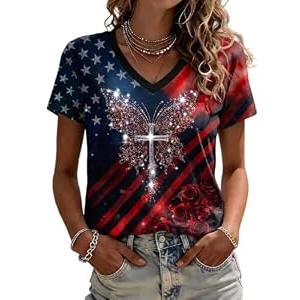 NOVEPT 250th Anniversary USA V-Neck Tee Shirt Butterfly Cross Rose All Over Print Patriotic Tee 4th of July Casual Top Clothing (Butterfly, L)