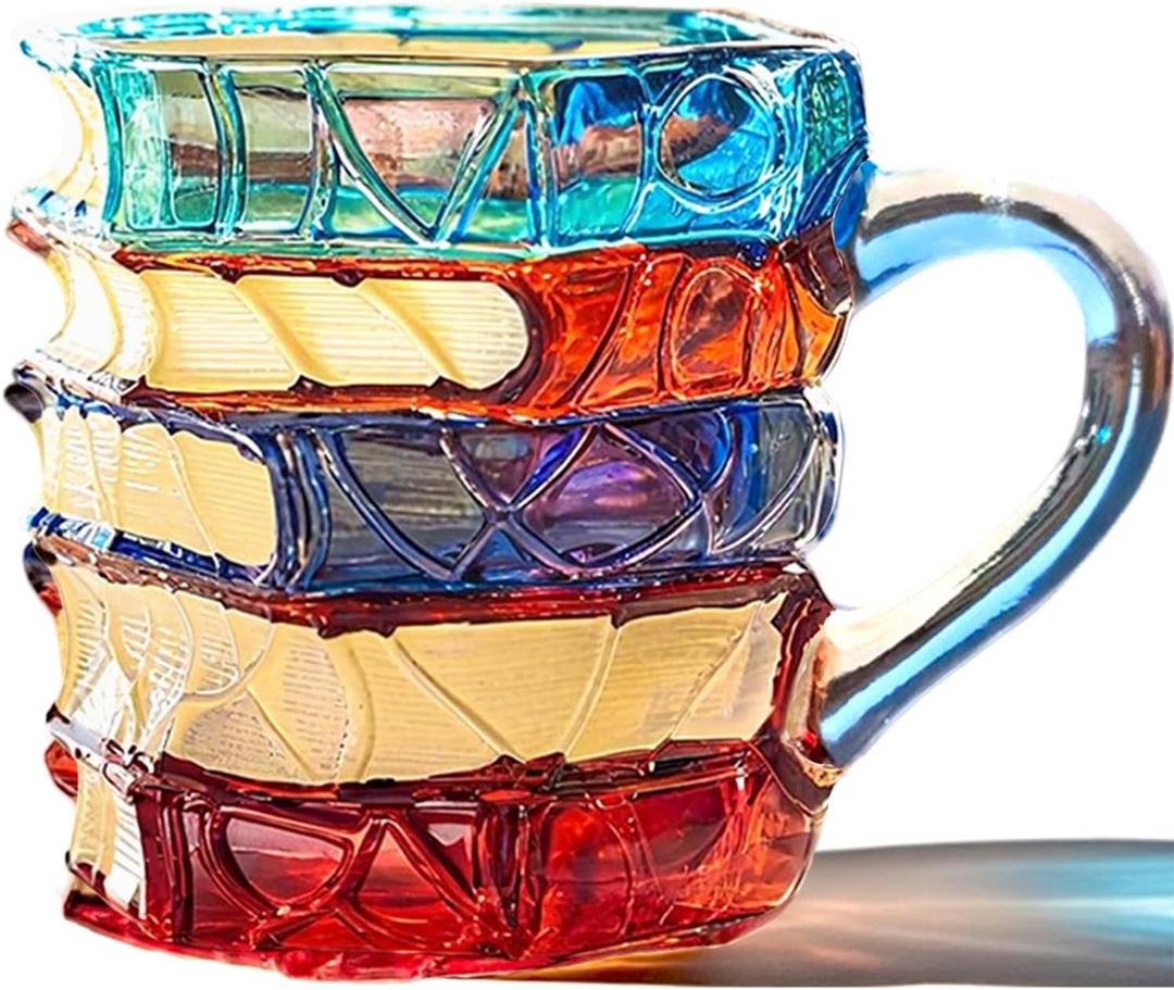 Handmade Painted Book Coffee Mug, 7 oz Glass Cup, Stacked Books Design with Colored Handle, Gift for Readers and Book Lovers (Transparent Handle#A, Small) (14 Ounces)