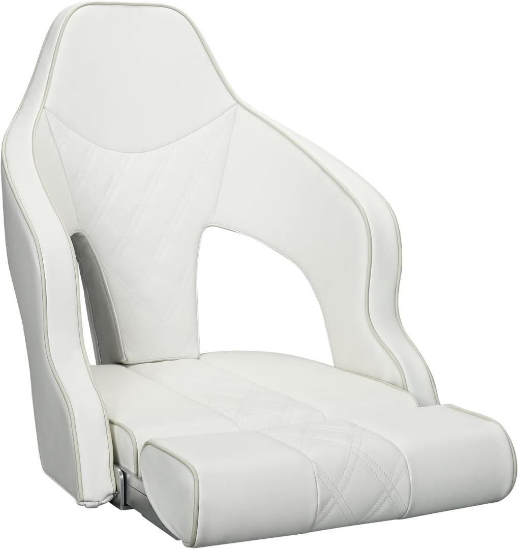 Deluxe Pro High Back Boat Seat Premium Sports Flip Up Captain Boat Seat with Armrests (White/White/Ivory)