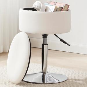 RUCUKEN Adjustable Ottoman Stool White Vanity Stool Vanity Chair for Makeup Room Stool Chair for Vanity Stool with Storage Makeup Stools with Storage Swivel Makeup Chair for Bathroom Faux Leather