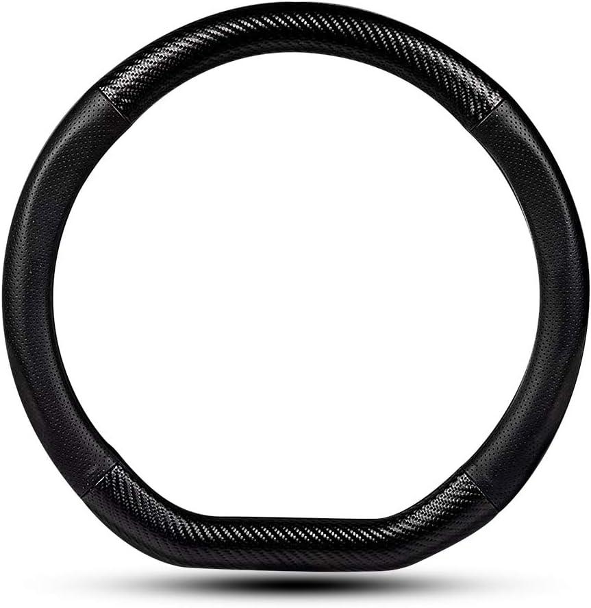Car Carbon Fiber and Leather D-Shape Steering Wheel Cover, Stylish car Non-Slip Leather car Interior 15 inches Universal Black