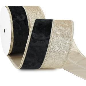Black Velvet Wired Ribbon 4 Inch x 10 Yards, Champagne Glitter Two Tone Wide Christmas Ribbon for Tree, Wreaths, Bows, Gift Wrapping, New Year Wedding Decor