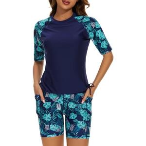 Tournesol Women's Two Piece Rash Guard Short Sleeve Swim Shirts UPF 50+ Built in Bra Swimsuit with Boyshorts with Pockets, Blue, 3XL