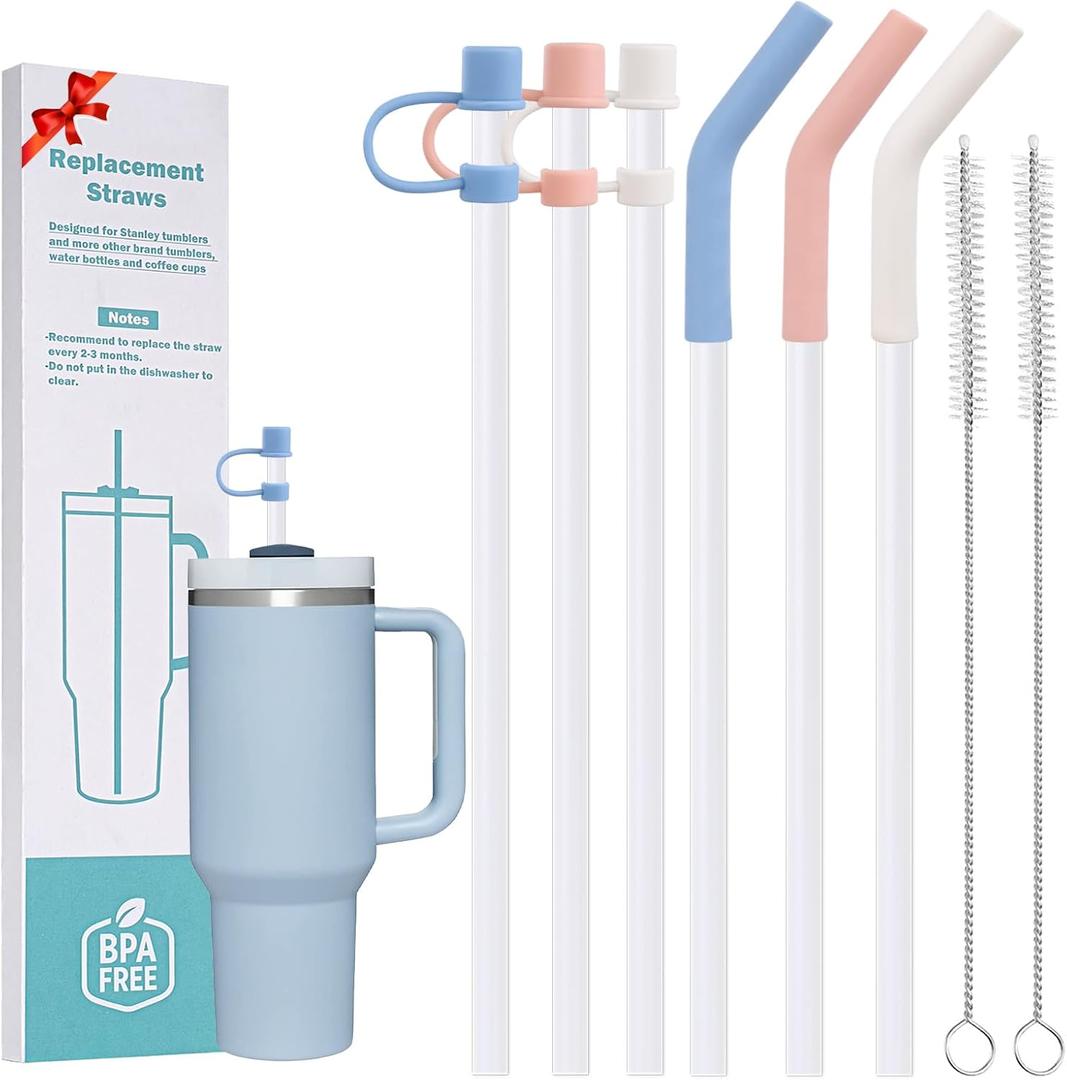 6pc Plastic Replacement Straws Reusable for Stanley Tumbler 30 oz 40 oz, 12 Inch Straight Replacement Straw with Silicone Tips, Straw Covers and Cleaning Brushes