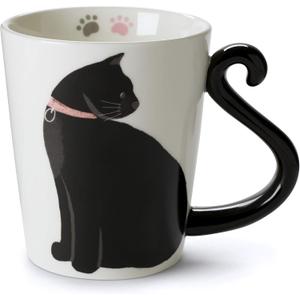 VOTUM Black Cat Ceramic White Coffee or Tea Mug - Animal Shaped Cup with Hand Printed Designs - Cute Handmade Gift for Men or Women Cat Lovers - 12 Fluid Ounce