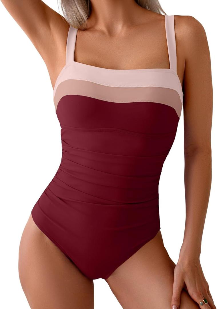 Eomenie Women's One Piece Swimsuit Tummy Control Ruched Bathing Suit Full Coverage Slimming Swimwear Color Block Swim Suit (Medium)