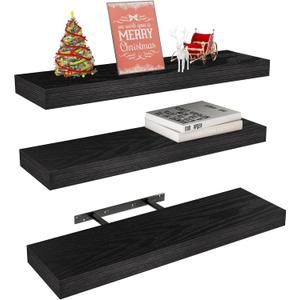 Vervida Black Floating Shelves for Wall, 24" Rustic Wood Deep Wall Mounted Shelves with Invisible Brackets for Decor & Storage, Floating Shelf for Living Room, Bathroom (Set of 3)