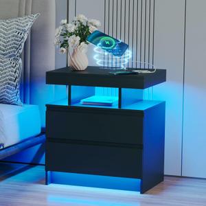 dnbss Nightstand with Charging Station and LED Light, Modern Night Stand with 2 Drawers, Smart Nightstand with USB Ports and Wireless Charger, Bedside Table for Bedroom (Black), 19.69 inches x 15.75 inches x 22.83 inches