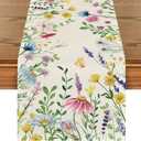Artoid Mode Daisy Eucalyptus Lavender Floral Leaves Summer Table Runner, Spring Kitchen Dining Table Decoration for Home Party Decor 13x90 Inch (Beige)