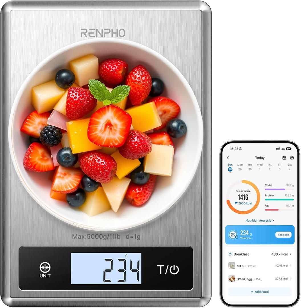 RENPHO Digital Food Scale with Nutritional Calculator, Smart Food Kitchen Scale, Food Weight Scale Grams and Ounces for Weight Loss, Calorie, Macro and Cooking, Stainless Steel