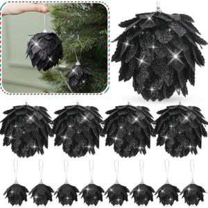 Syhood 12 Pcs Christmas Ball Ornaments Glitter Pinecone Balls Xmas Tree Decoration Hanging Pinecone Ornaments Rustic Pine Cones for Xmas Winter Party Holiday Wedding Home Decorations(Black)