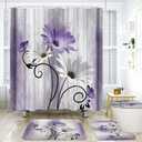 Onalasyc 4PCS Purple Daisy Flowers Plants Shower Curtain Set,Shower Curtain and Carpet and Accessories,Waterproof Bathroom Shower Curtain Decorative Set, with 12 pcs Hooks,71 x 71in