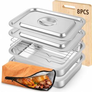Hushee 8 Pcs Grill Prep and Serve Trays, Stainless Steel BBQ Set, Large