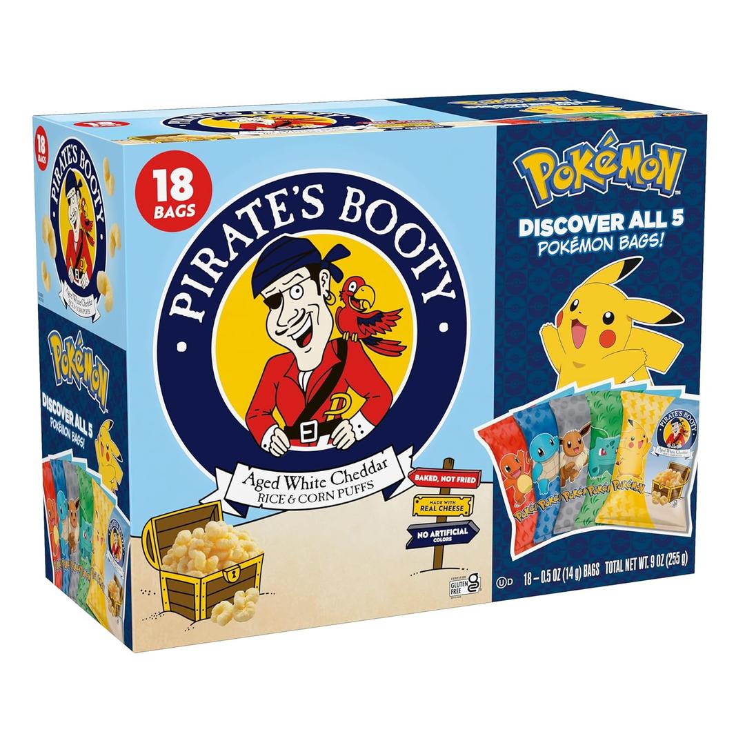 PIRATE'S BOOTY Pokémon Aged White Cheddar Rice & Corn Puffs, 0.5 oz Bags (18 Count), 3 Pack, Best By: 01/26/2026