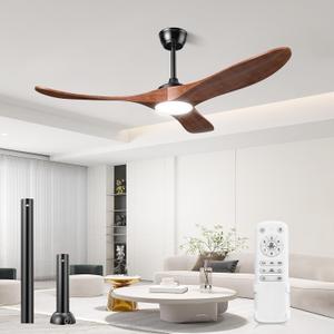 Ceiling Fans with Lights and Remote, 3 Solid Wood Blades, Outdoor Wooden Ceiling Fan with 2 Downrods for Patios, 52 Inch Modern Ceiling Fan with Noiseless Reversible DC Motor (Dark Walnut)