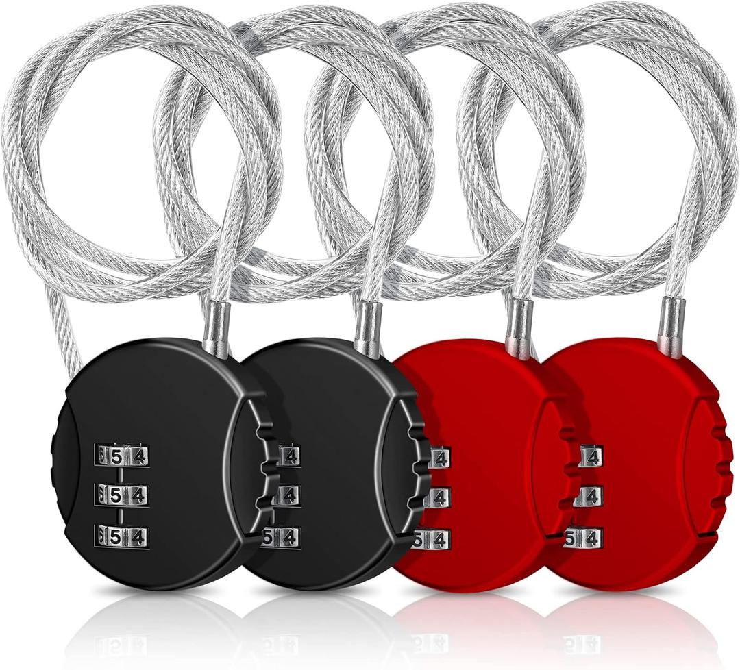 4 Pieces 3 Digit Combination Cable Lock Wire Stroller Waterproof Padlock Lightweight Flexible Locker Gate Lock for School Luggage Helmet Gym Fence Door Sports Bike(Black, Red)