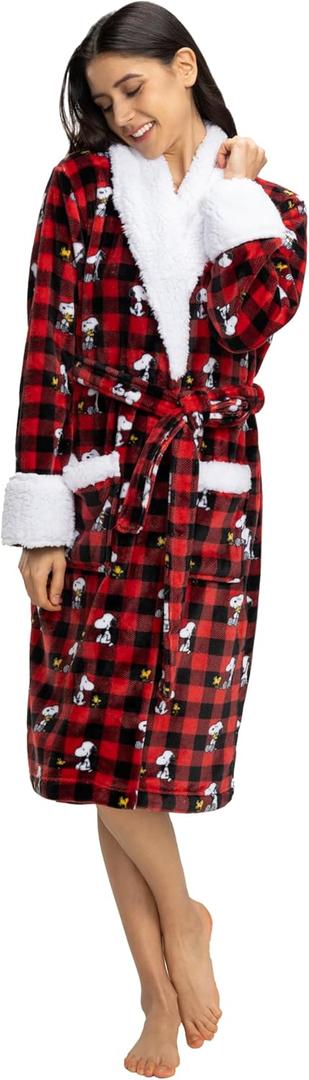 Berkshire Blanket Peanuts Snoopy Women's Warm Robe with Exclusive VelvetLoft Fabric and Sherpa Collar (Medium, Peanuts Snoopy Everyday Buffalo Plaid Small Red-black)