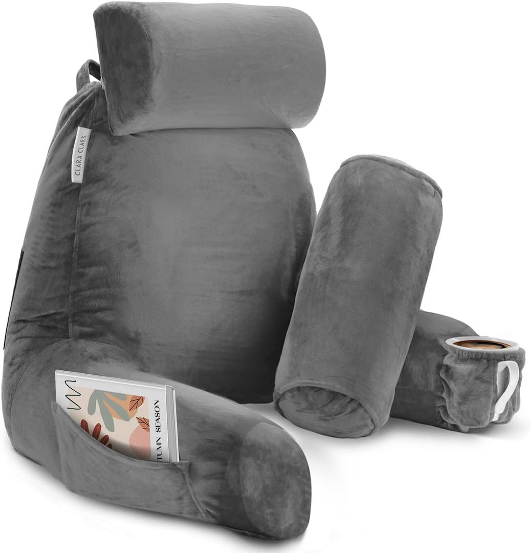 Clara Clark Reading Pillow with Shredded Memory Foam Includes 2 Neck and Lumber Support Pillows, Designed for Sitting Up in Bed and Couch, Back and Arms Adjustable Support for Adults & Teens, Grey