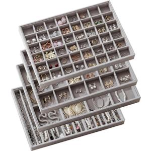 Large Jewelry Drawer Organizer Trays Set of 4, Stackable Velvet Jewelry Trays Organizer Holder Display Storage Showcase for Earring Necklace Bracelet Ring Accessary (Gray, 12+17+24+48 Grids)