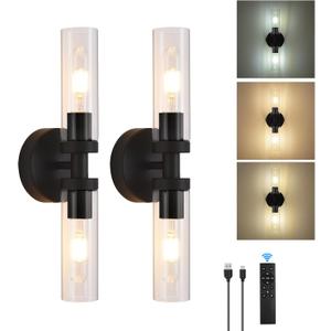 Battery Operated Wall Sconces Set of 2, 330 Rotation 3000K-6000K Dimmable Wireless Wall Sconce with Clear Glass Black 10400mAh USB Rechargeable Wall Lights with Remote Bulbs Included 2 Pack