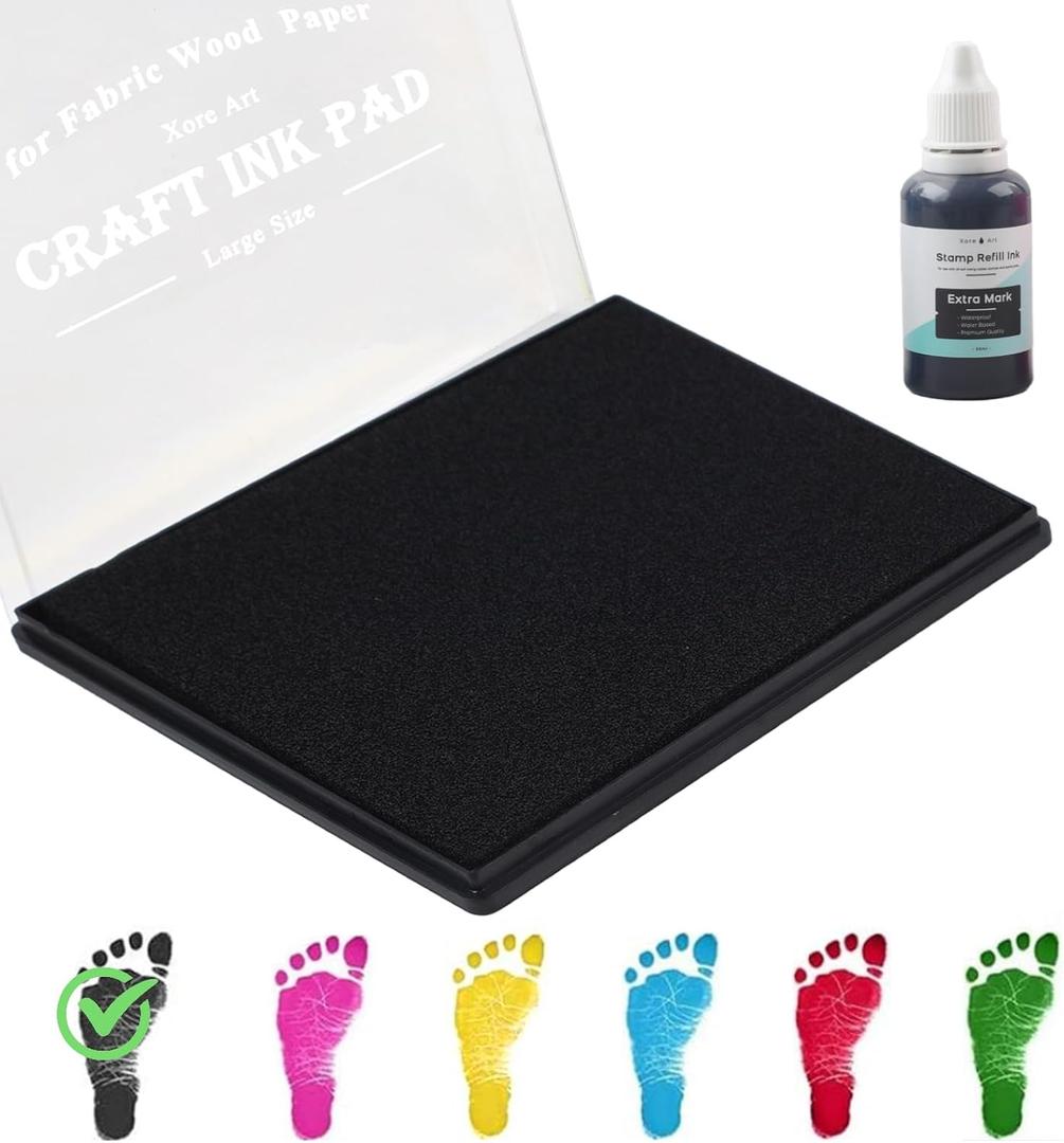 5"x4'' Large Ink Pad Washable Stamp Ink Pad for Baby Footprint Handprint with 30ml Premium Refill Ink (Black)