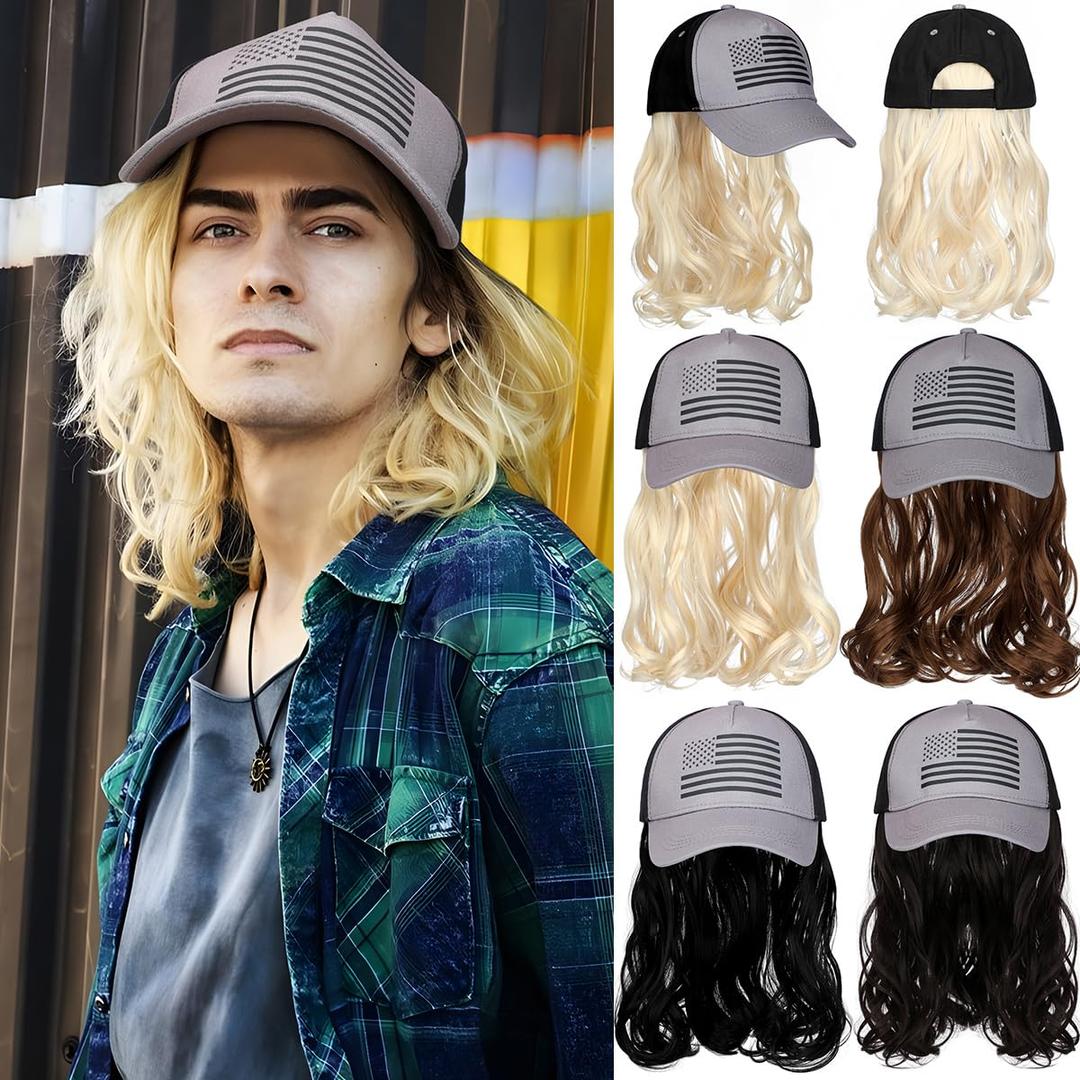 Qlenkay USA Flag Mullet Cap with Synthetic Hair 80s Men Baseball Hat Wig Merica for Halloween American Costume Party Dark Brown (Bleach Blonde)