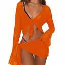 Women's 2 Pieces Outfits Mesh Perspective Suit Swimming Beach Long Sleeve Crop Top and Mini Skirt Set Orange Small