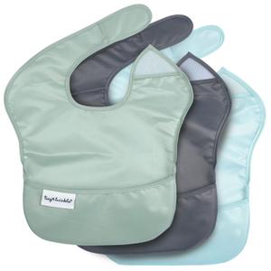 Tiny Twinkle Mess Proof Baby Bibs for Eating - Waterproof, Wipeable Bibs - Toddler Bibs - Travel Friendly - PFAS, PVC, BPA, Phthalate Free - Baby Food Bibs (3 Pack, Sage, Charcoal)
