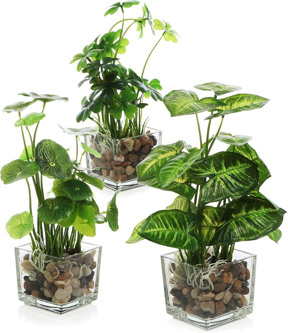 MyGift Set of 3 Fake Plants, Small Artificial Potted Plants Indoor in Clear Glass Pot, 9.5 Inch Faux Plant for Home Decor (Clear (Earth Tone Pebbles))