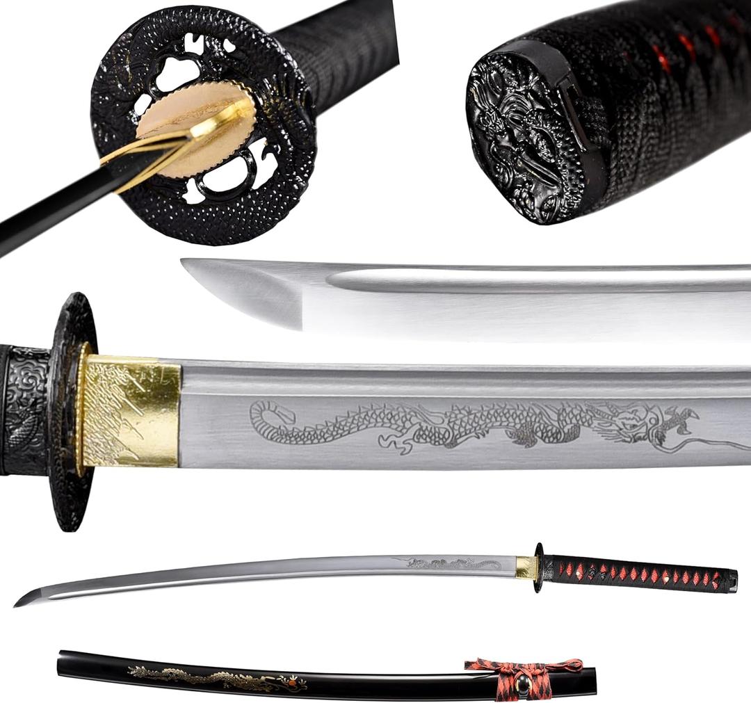 Katana Real Samurai Sword, 1095 1060 T10 Handmade Japanese Swords Full Tang Carbon Steel, for Training, Collecting, Dojo, Lovers of Japanese Culture etc (Red Drogen)