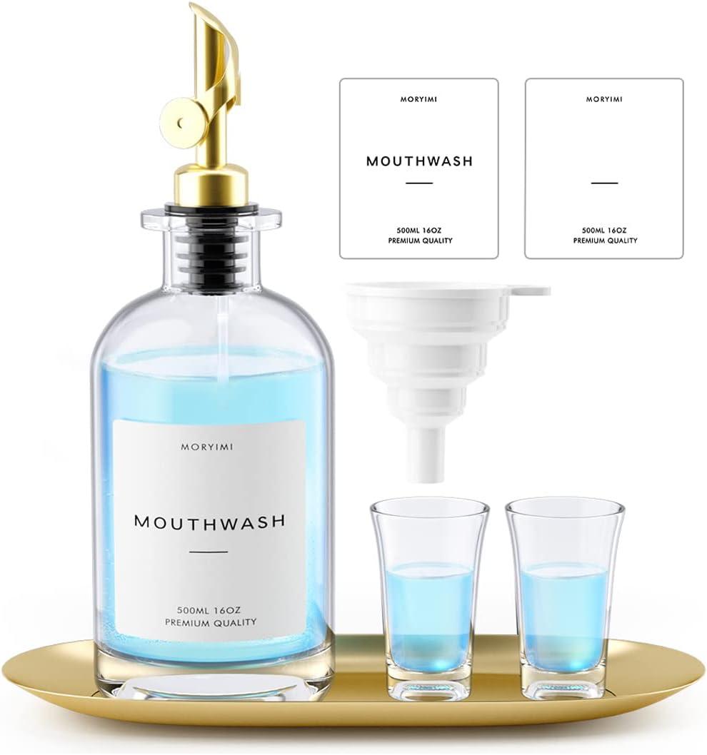 Mouthwash Dispenser, 16oz Glass Mouthwash Decanter for Bathroom, Mouth Wash Container Mouthwash Bottle with Pour Spout, Reusable Mouthwash Dispenser Set with Cups and Gold Tray