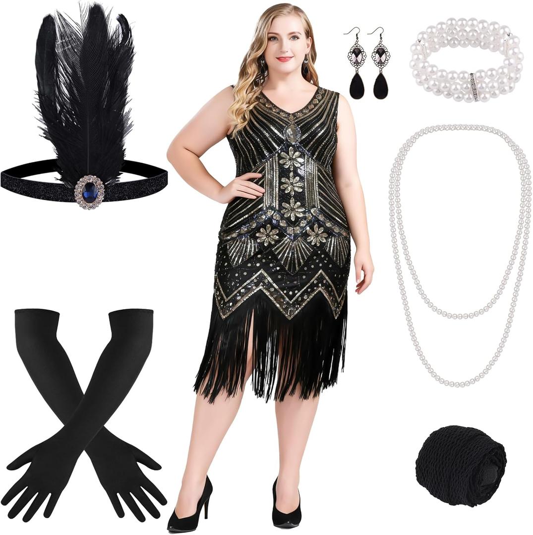 ELECLAND 1920s V Neck Sequin Beaded Fringed Dress with 20s Accessories Set XL