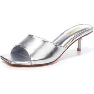 Amazon.com | LULLASONG Silver Kitten Heels Sandals Low Heels Slip On Slides 2 Inch Heeled Square Open Toe Sandals for Women | Shoes (6.5)